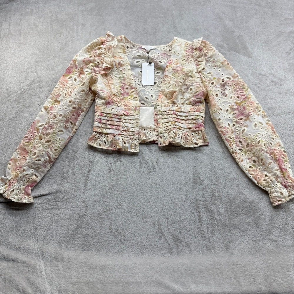 Line & Dot Top Women S Pink Floral Eyelet Ruffle Crop Cardigan Cottagecore Boho